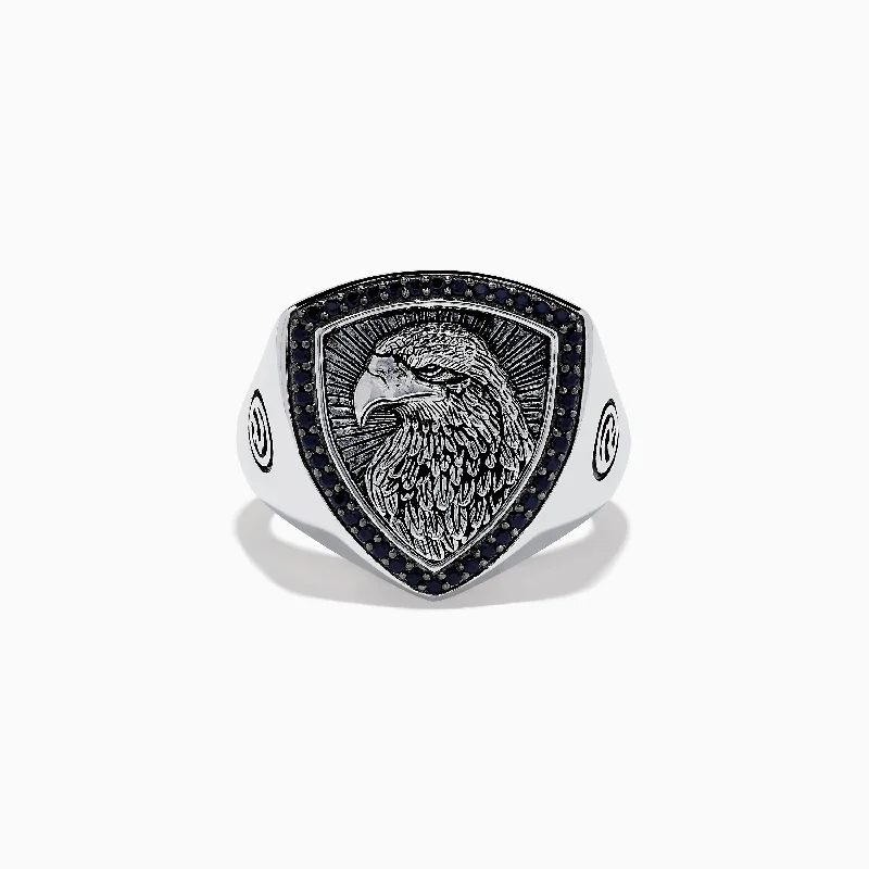 Men's 925 Sterling Silver Black Spinel Eagle Shield Ring