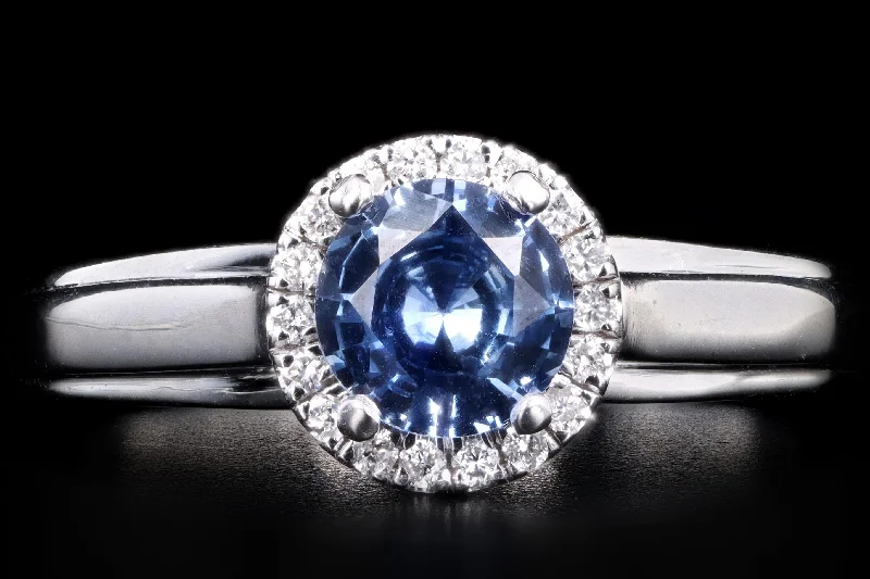 Modern 14K White Gold .86 Carat Natural Sapphire and Diamond Ring