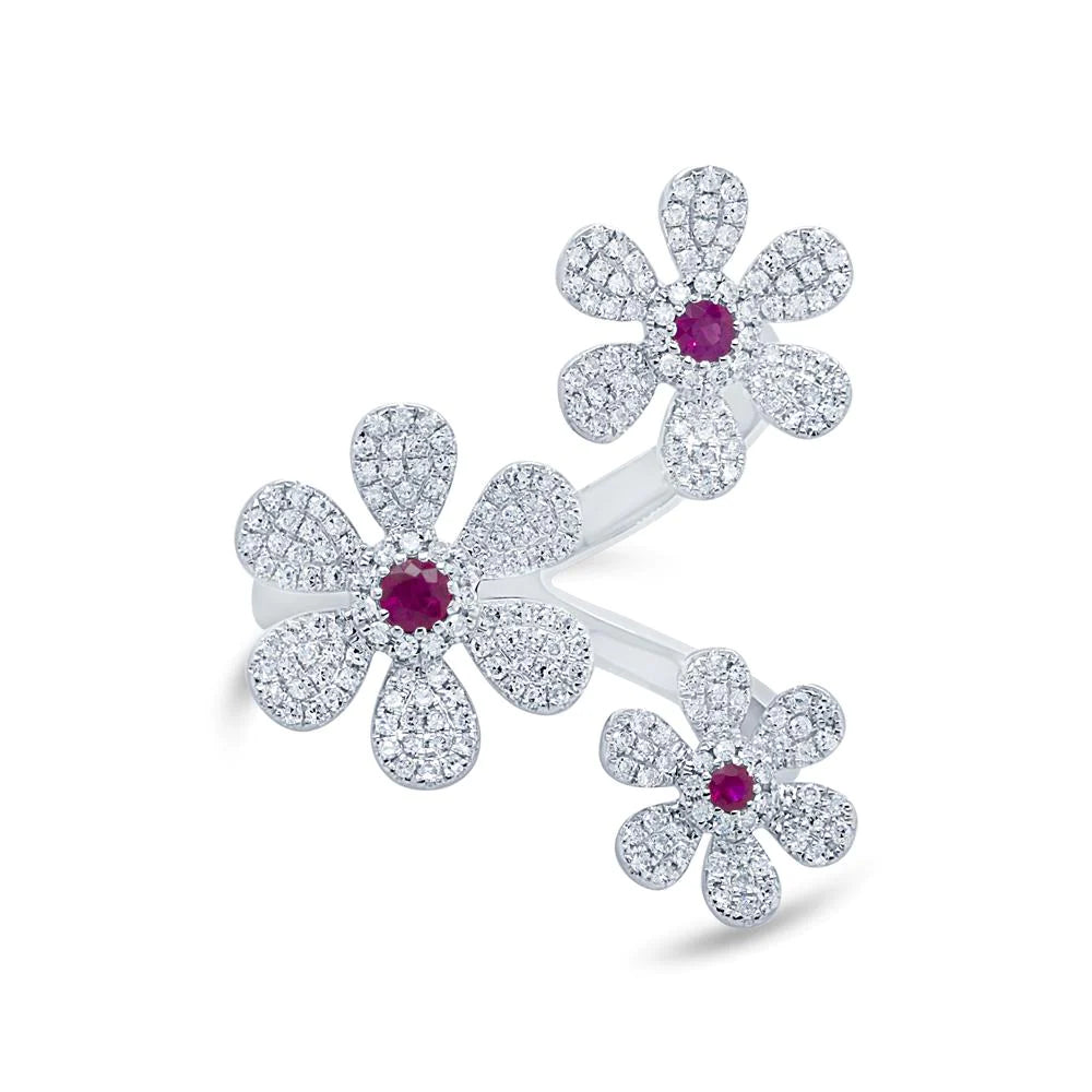 14K White Gold Diamond & Ruby Flower Ring