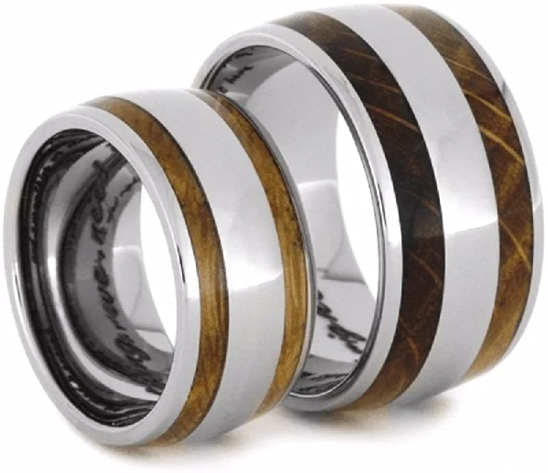 Oak Whiskey Barrel Wood, Titanium Stripe Inlay and His and Hers Titanium Wedding Band Set, M11-F9