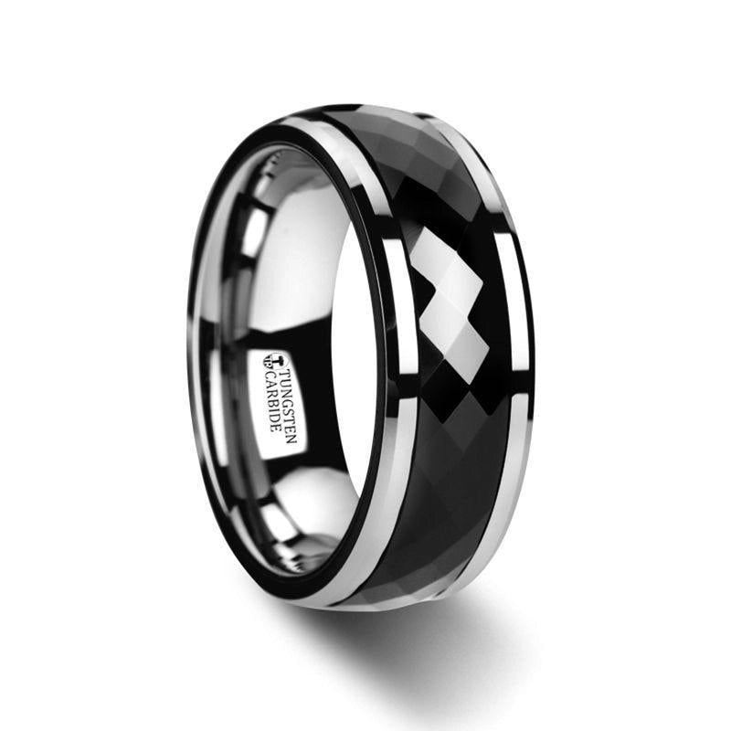 Polished Diamond Faceted Black Ceramic Spinner Ring with Beveled Edges