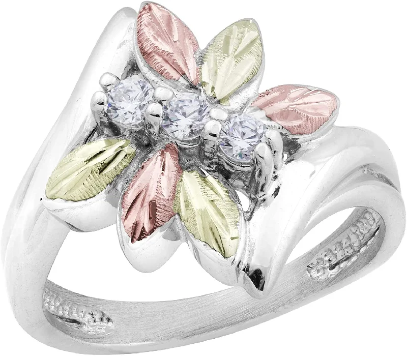 Rhodium-Plated Sterling Silver Six Leaf CZ Dragonfly Bypass Ring, 12k Rose and Green Gold Black Hills Gold Size 7.75