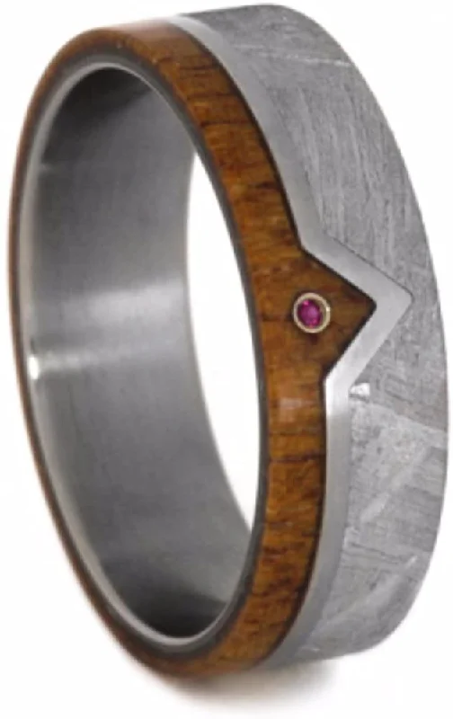 Ruby, Gibeon Meteorite, African Mahogany 7mm Comfort-Fit Matte Titanium Wedding Band, Size 9.25