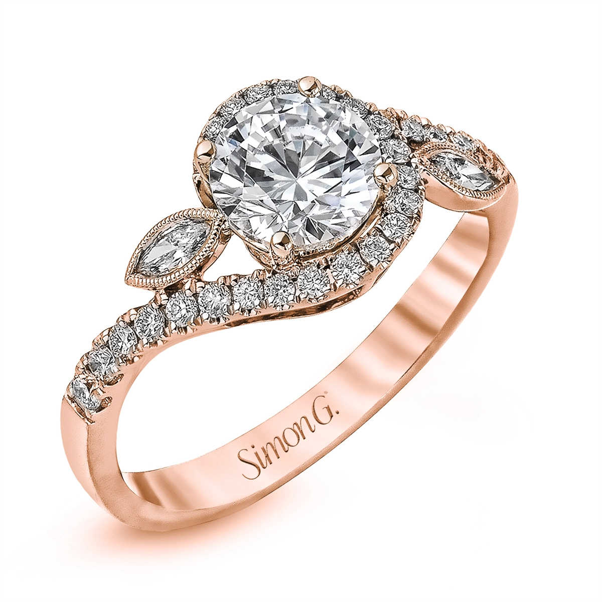 Simon G 18K Rose Gold Semi-mount, Swirl Design with Marquise and Round Diamonds