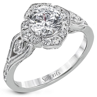 Simon G 18K White Gold Semi Mount Diamond Ring with Beaded Halo