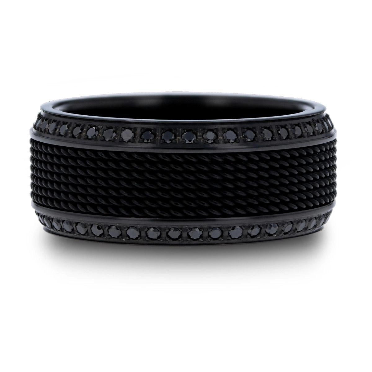 Steel Chain Black Titanium Ring with Polished Edges Set with Black Diamonds