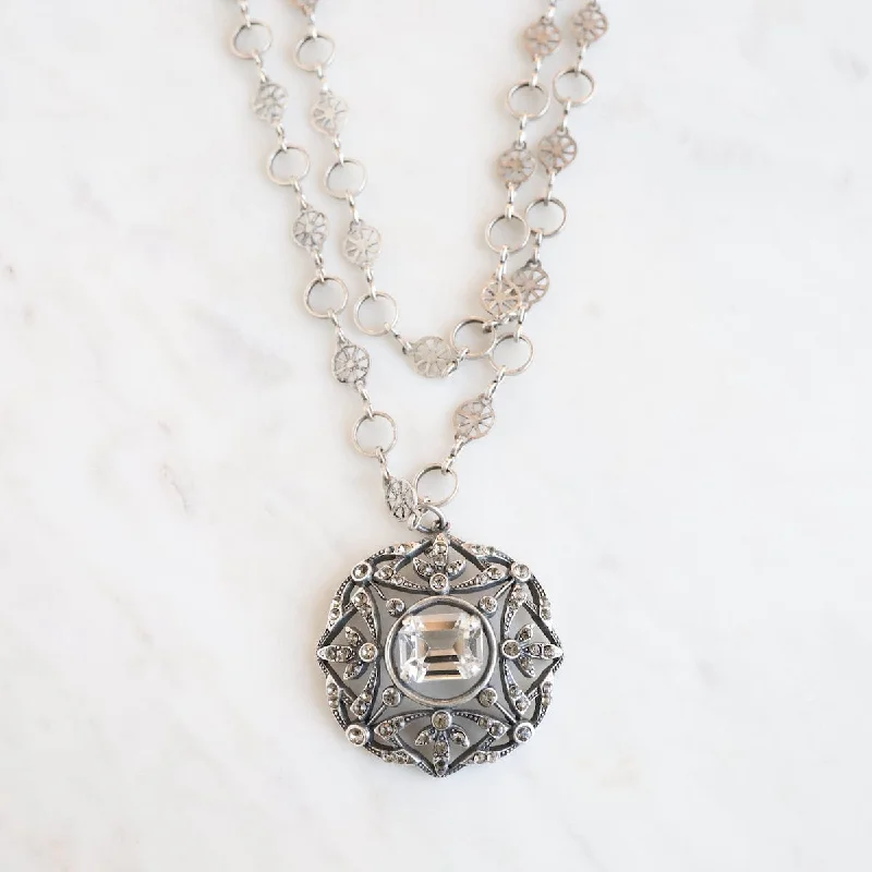 "Old Silver" Crystal Medallion Necklace