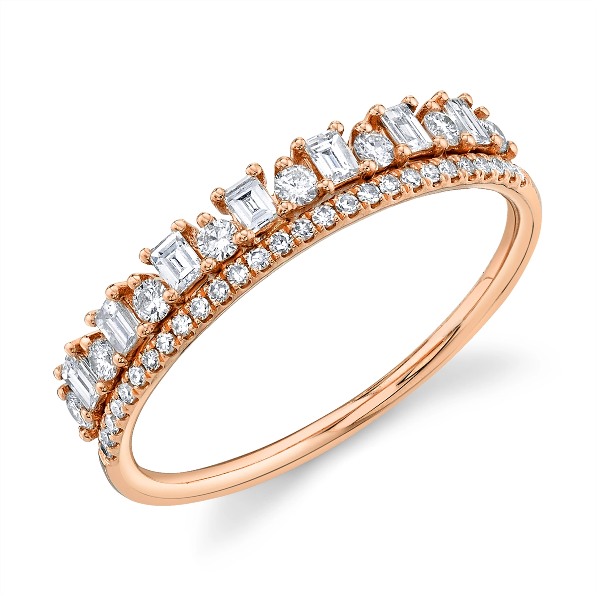 14K Rose Gold Double Layer Band, Round & Alternating Baguettes & Rounds