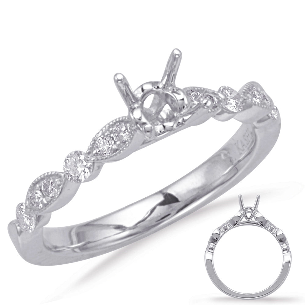 14K White Gold Semi Mount Ring, Fancy Design, Milgrain