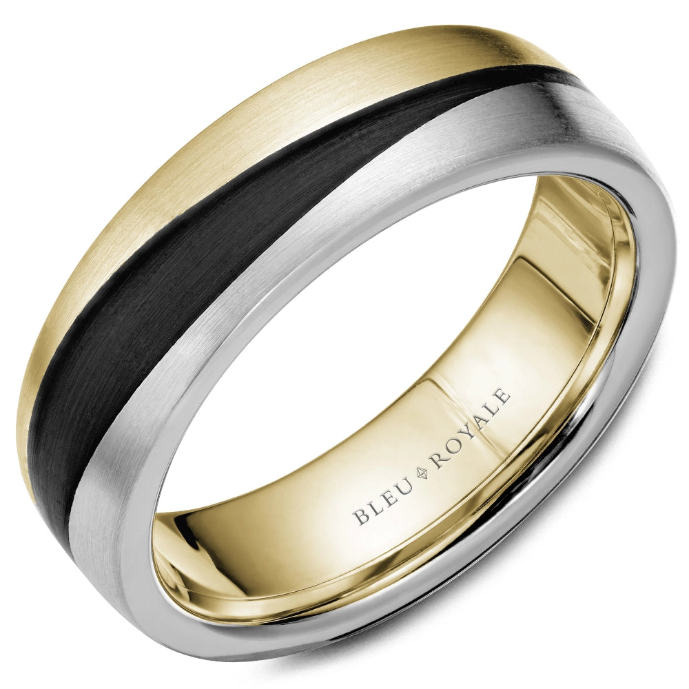 14K Yellow & White Gold with Black Carbon Accent Mens Band