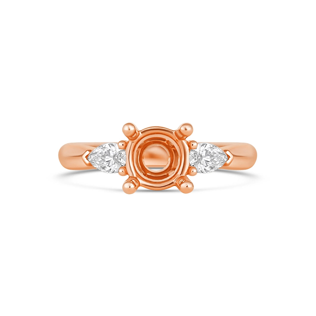 18K Rose Gold Semi Mount Ring, Round Head, Pear on Each Side, Plain Shank