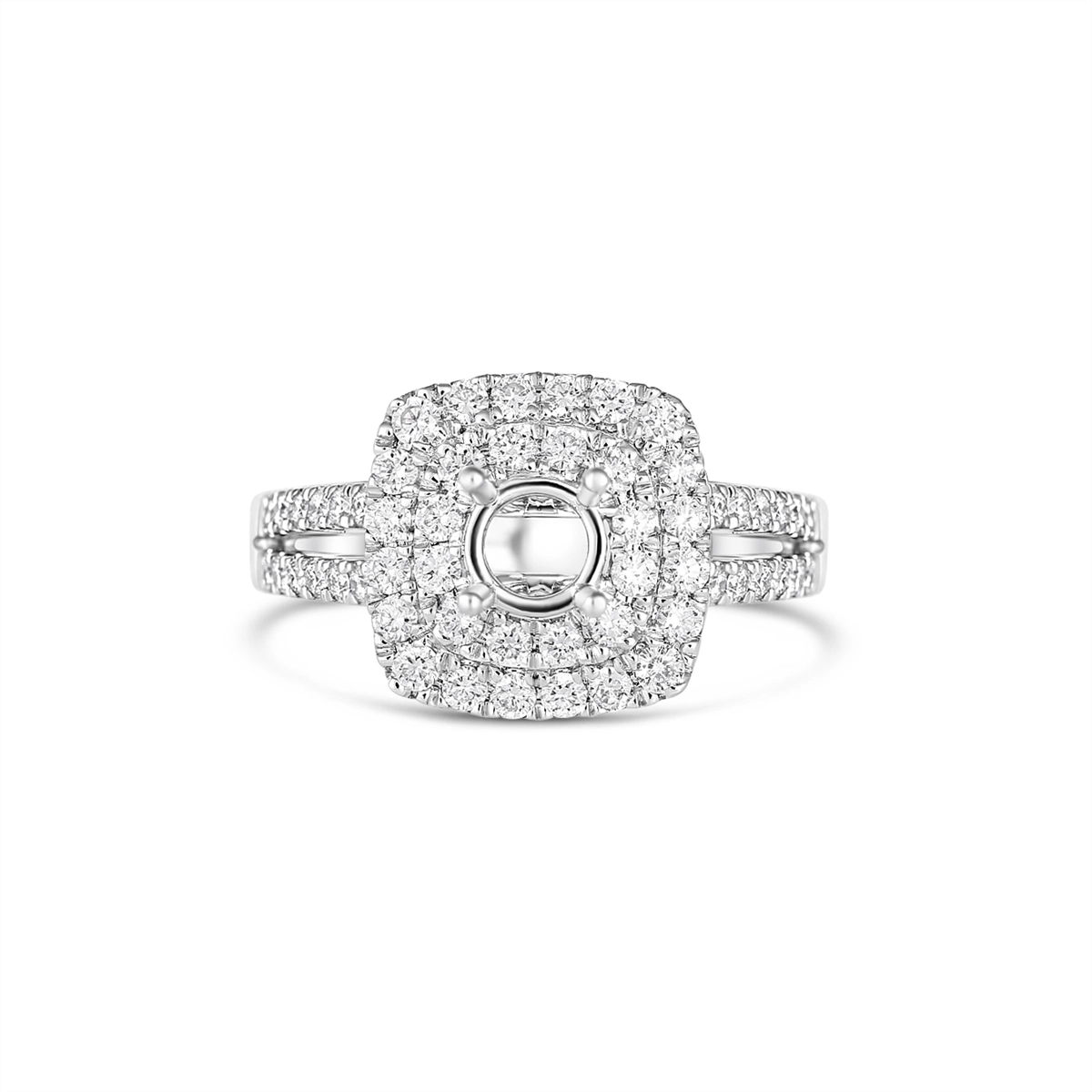 18K White Gold Semi Mount, Double Cushion Halo, Split Shank