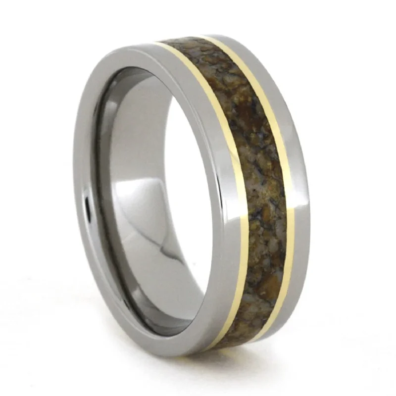 18k Yellow Gold Pinstripes, Multi-Color Dino Bone 7mm Comfort-Fit Titanium Band