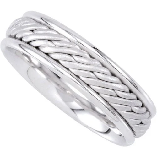 6.5mm 14k White Gold Hand Woven Braided Comfort Fit Band, Sizes 5 to 15