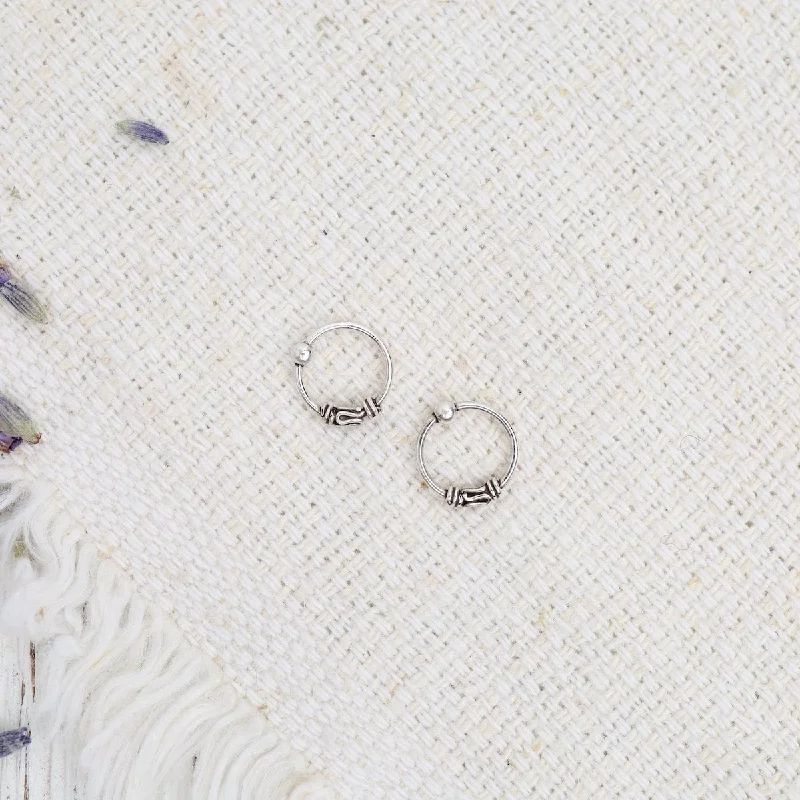 8mm Sterling Silver Sleeper Hoops with Oxidized Bali Detail