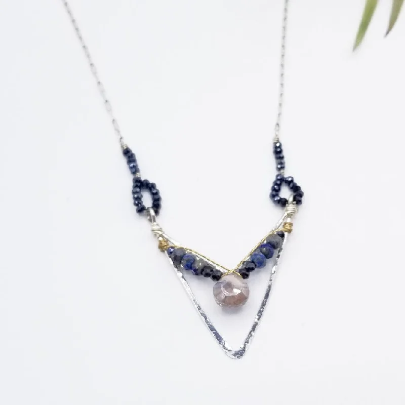 SAPPHITE DROP IN LAPIS AND PYRITE IN HAND FORMED STERLING SILVER CHEVRON