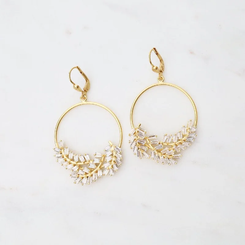 Rhinestone Baguette Fern Hoop Earrings - Gold Plate