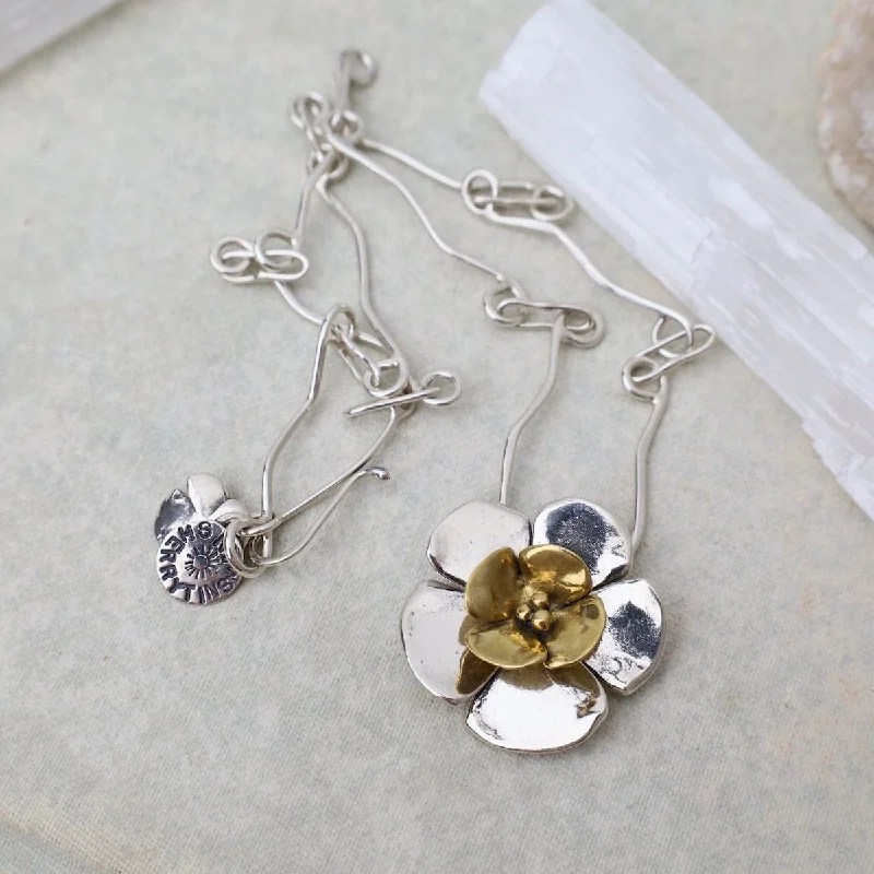 Sterling Silver Double Dogwood Flower with Brass Center Necklace