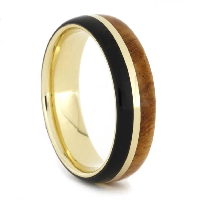 Amboyna Burl, African Blackwood 6mm Comfort-Fit 14k Yellow Gold Band, Size 9.75