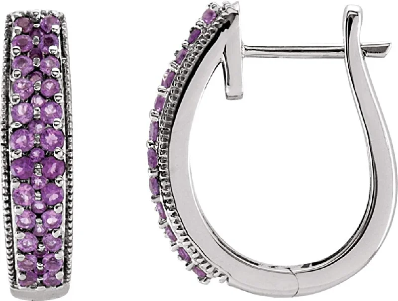 Amethyst Milgrain Hoop Earrings, 14K White Gold, 4.6MM