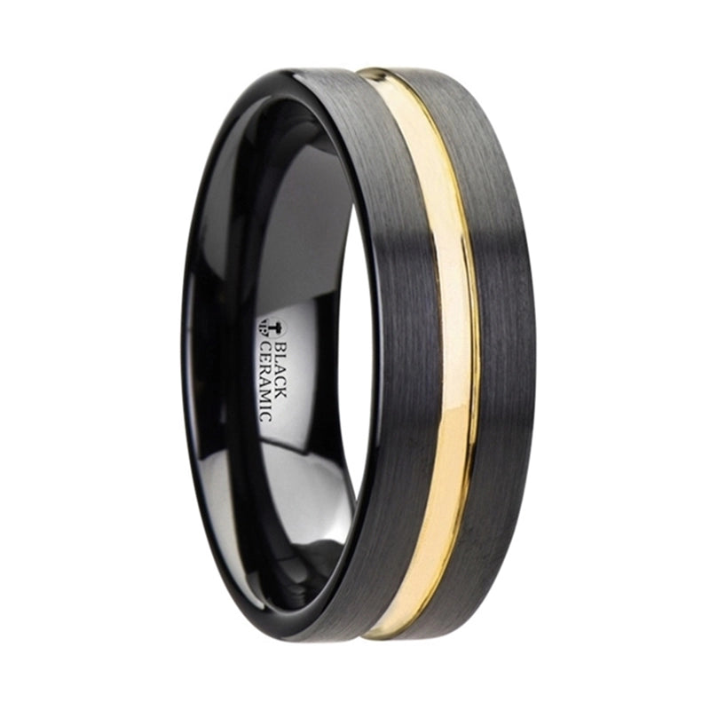 Black Ceramic Band with Yellow Gold Groove