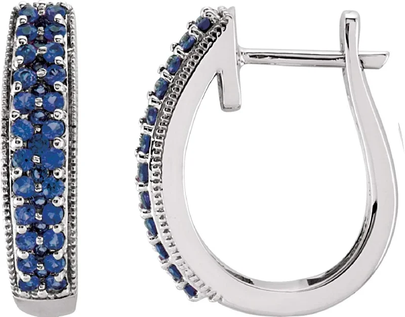 Blue Sapphire Milgrain Hoop Earrings, 14K White Gold, 4.6MM