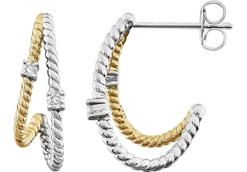 Diamond Criss Cross Rope J-Hoop Earrings, Rhodium-Plated 14k Yellow Gold Plated 14k White Gold (1/10 Ctw, Color HIJ, Clarity I3)