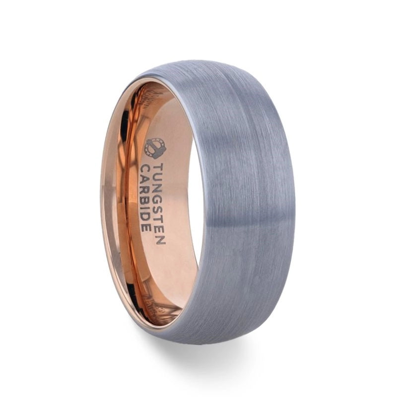 Domed Brushed Tungsten Carbide Band with Rose Gold Ion Plating Interior