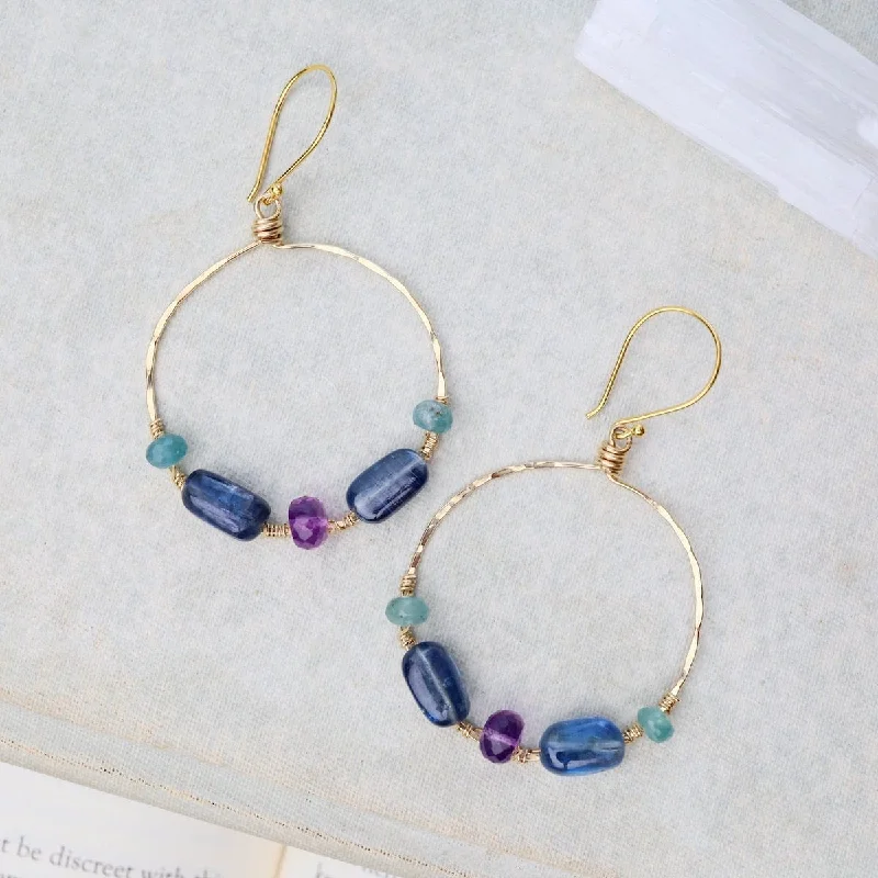 Large Hoop Amethyst, Kyanite, Grandidierite Earrings