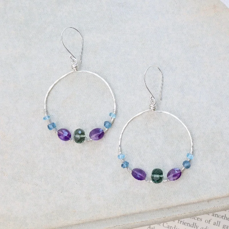 Large Silver Hoop Earrings with Amethyst, Quartz,and Blue Topaz