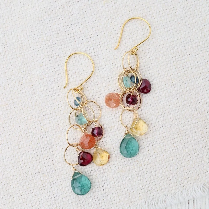 Quartz, Garnet, Sunstone, Blue Topaz, Citrine, Gold Earring