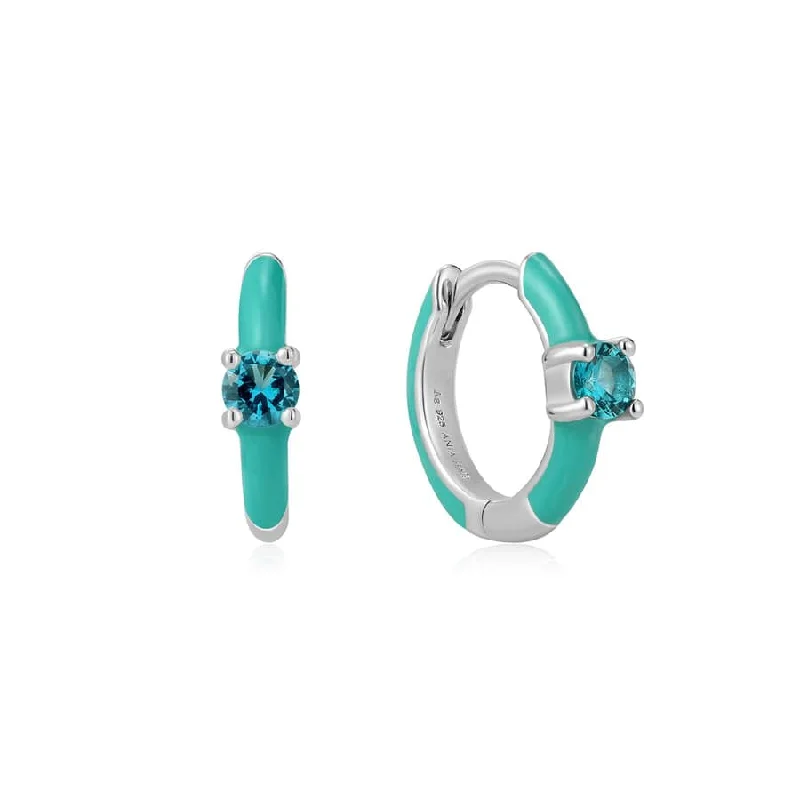 Teal Enamel Silver Huggie Hoop Earrings