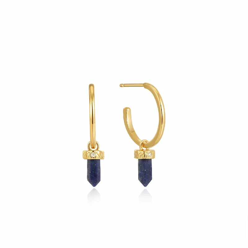 Gold Lapis Point Pendant Small Hoop Earrings