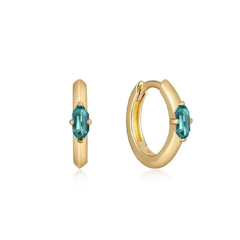 Gold Teal Sparkle Emblem Huggie Hoop Earrings