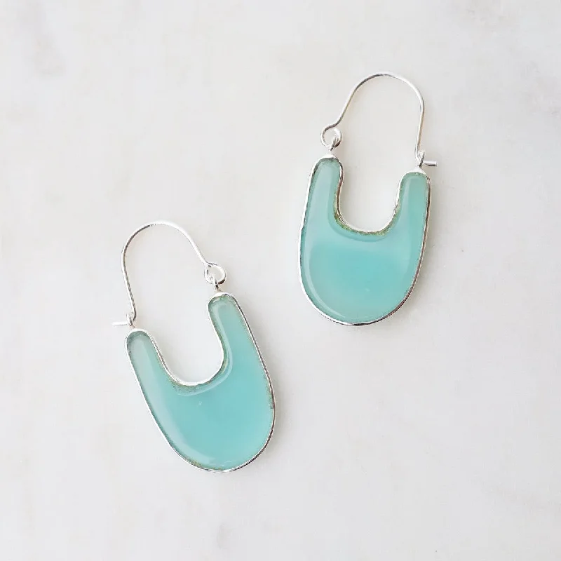 Silver Stone Slice Hoop Earrings - Aqua Blue Chalcedony