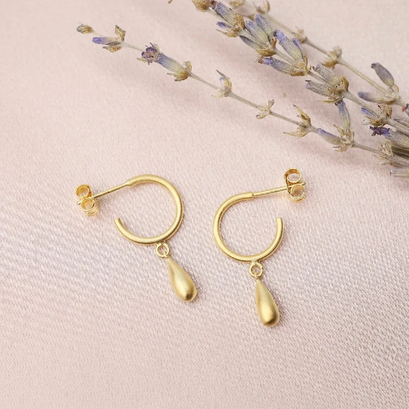 Small Hoops with Hanging Drop - Brushed Gold Vermeil