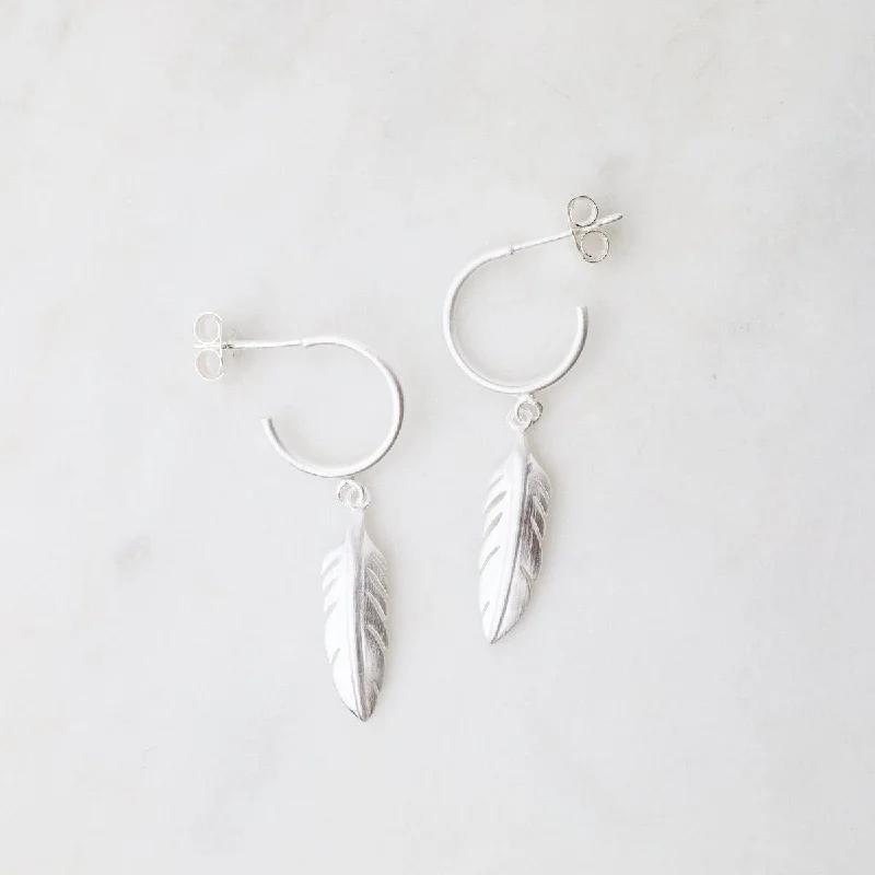 Brushed Sterling Silver Hoops With Feathers