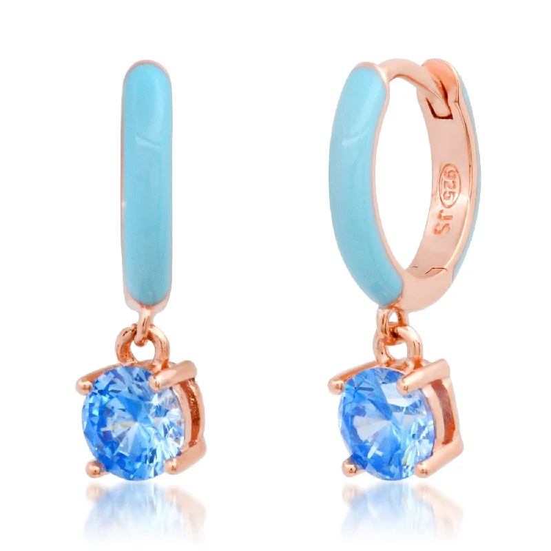 Rose Gold Vermeil Huggie Hoops with Aqua Enamel & CZ Drop