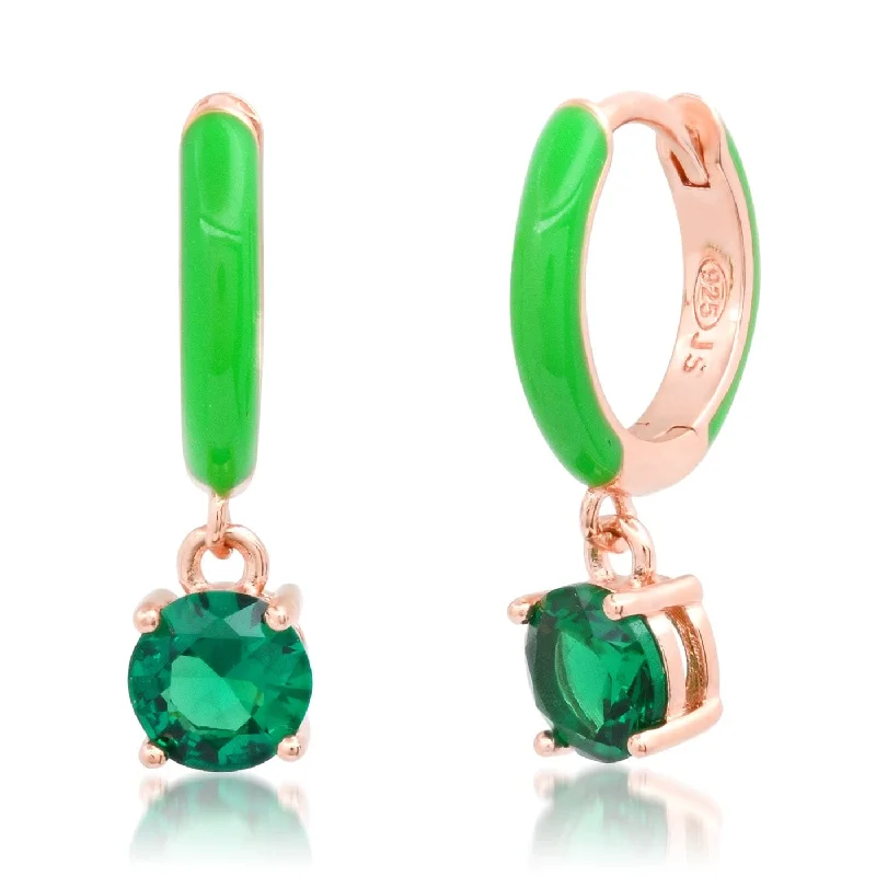 Rose Gold Vermeil Huggie Hoops with Green Enamel & CZ Drop