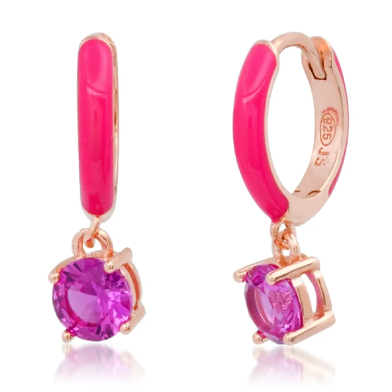 Rose Gold Vermeil Huggie Hoops with Fuchsia Enamel & CZ Drop