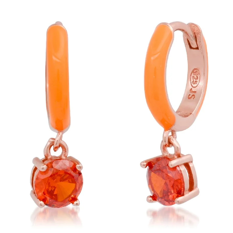 Rose Gold Vermeil Huggie Hoop with Orange Enamel & CZ Drop