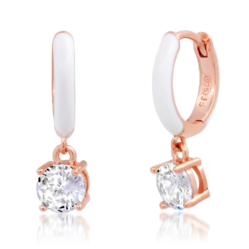 Rose Gold Vermeil Huggie Hoops with White Enamel & CZ Drop