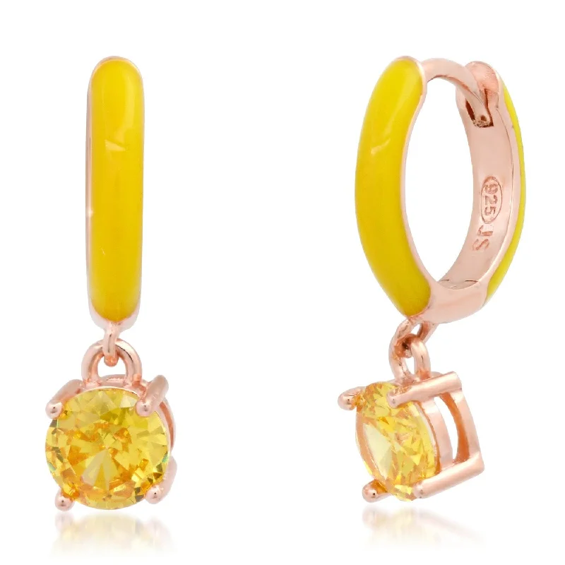 Rose Gold Vermeil Huggie Hoops with Yellow Enamel & CZ Drop