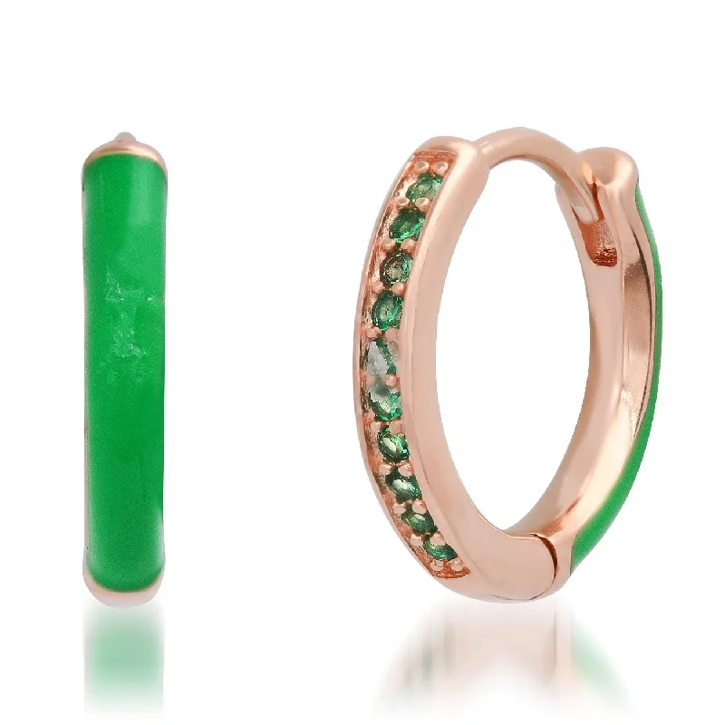 Rose Gold Vermeil Huggie Hoops with Green Enamel & CZ