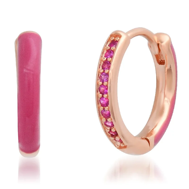 Rose Gold Vermeil Huggie Hoops with Fuchsia Enamel & CZ