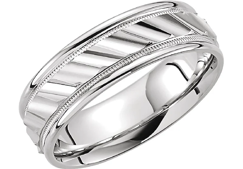 Grooved Comfort Fit 6.75mm 14k White Gold Milgrain Band, Size 6.5