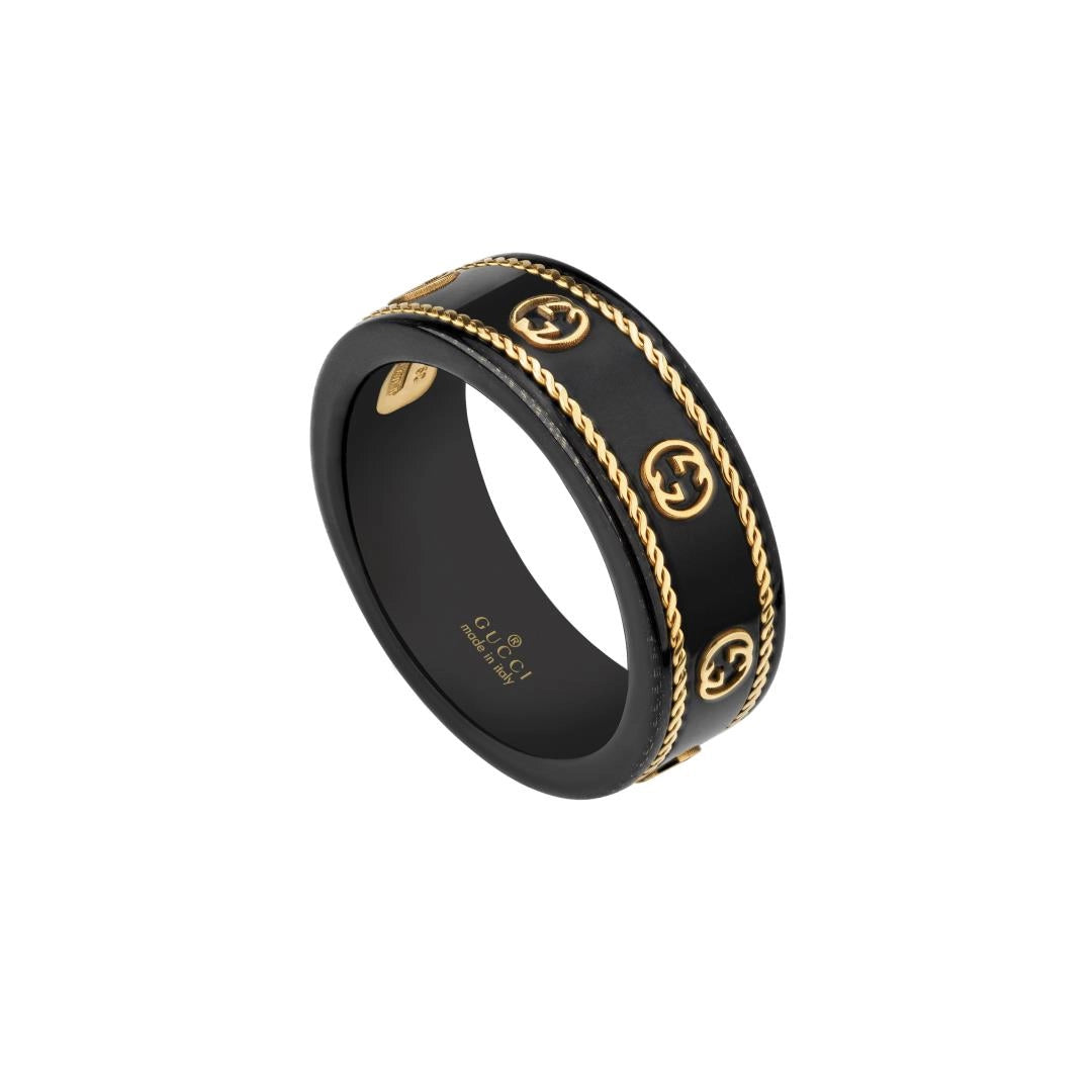 Gucci 18K Yellow Gold & Black Synthetic Corundum Icon Band Ring