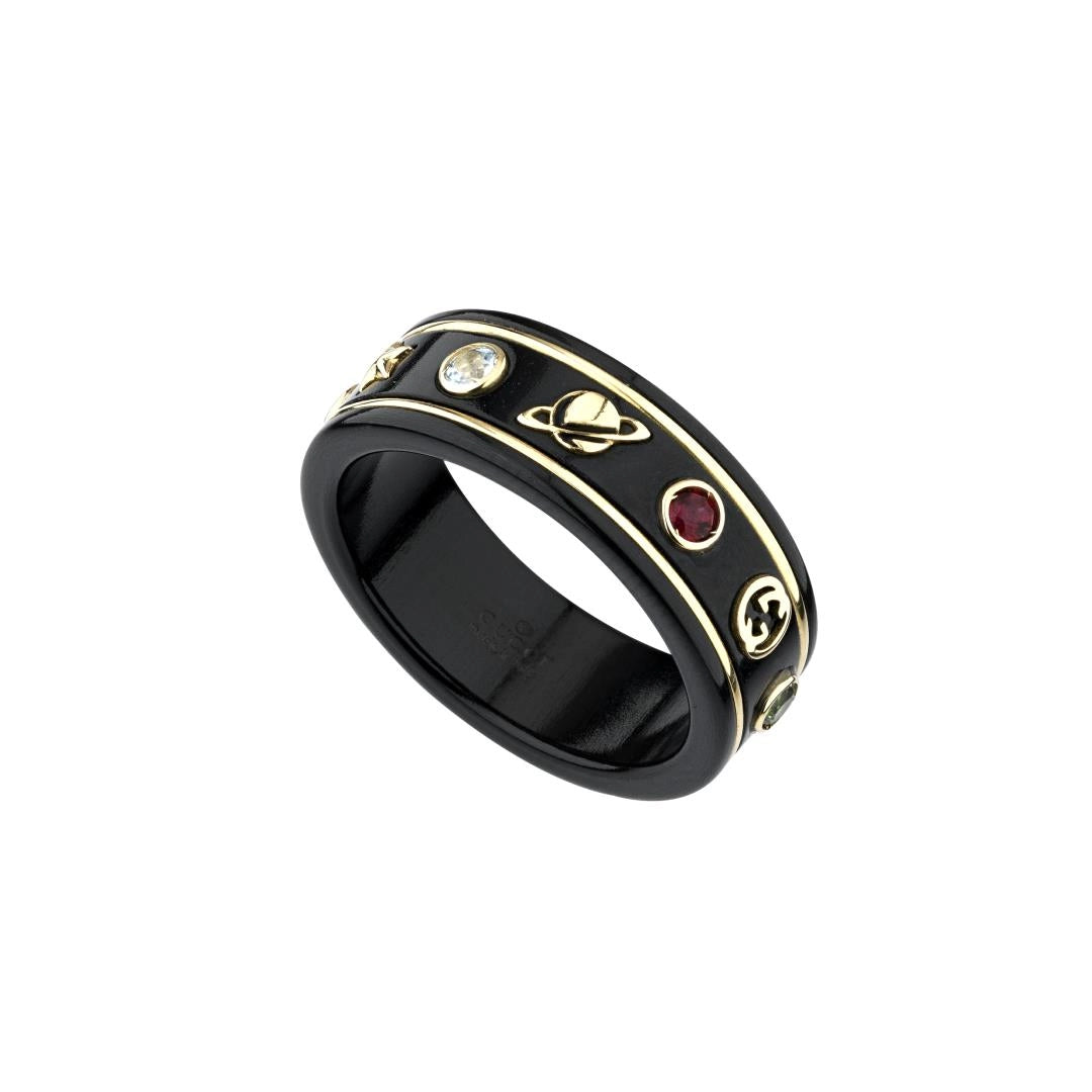 Gucci 18K Yellow Gold & Black Synthetic Corundum Icon Ring with Topaz