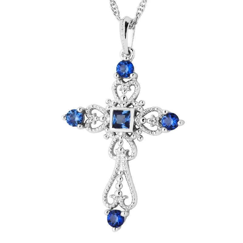 Heart Cross Blue CZ Rhodium Plated Sterling Silver Necklace, 18"