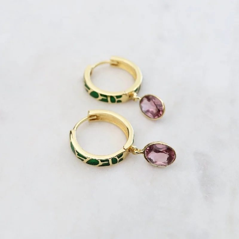 Hand Enameled Hoop Earrings Gold - Rhodolite